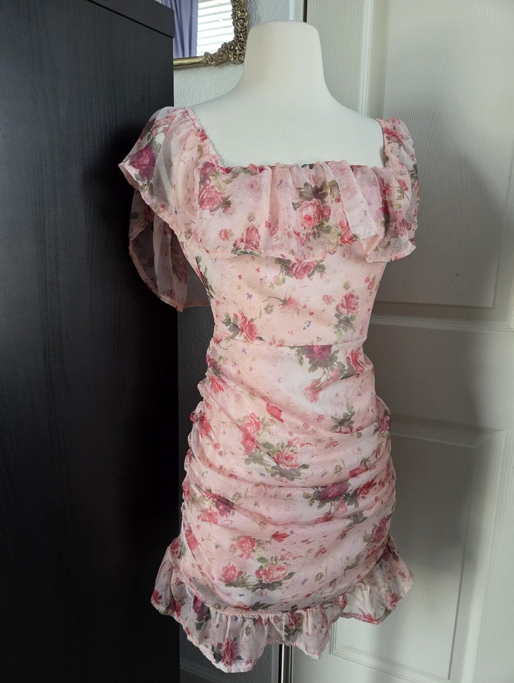 Pink Floral Ruched Mini Dress Off Shoulder Fairycore XS